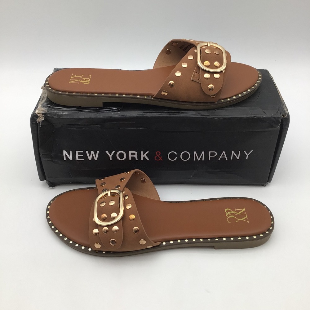 New York & Company Westly Cognac Brown Buckle Slide Sandals Womens Size 8 NEW